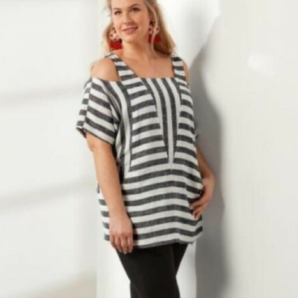 NEW Soft Surroundings Linen Blend Sunset Park Tunic Top Striped Women's Large